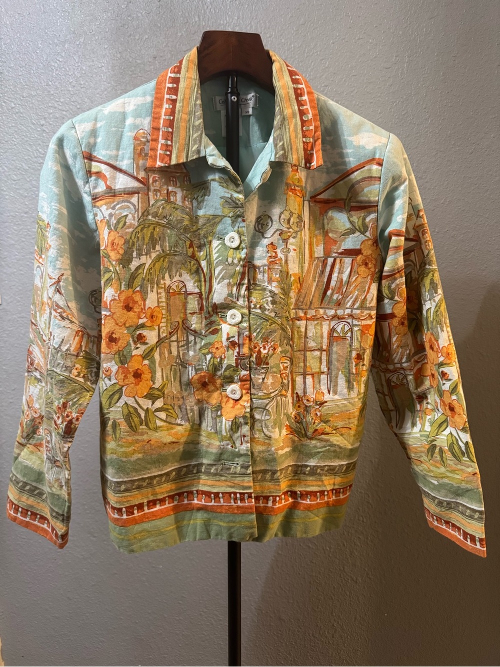 Coldwater Creek  Spring City Scape Linen Jacket Blue Orange